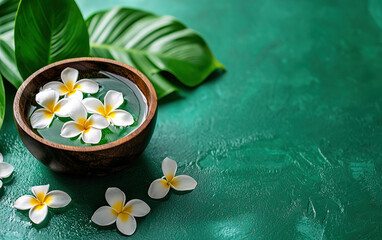Aromatic spa setting with floating flowers in wooden bowl, surrounded by lush green leaves, evokes sensory relaxation