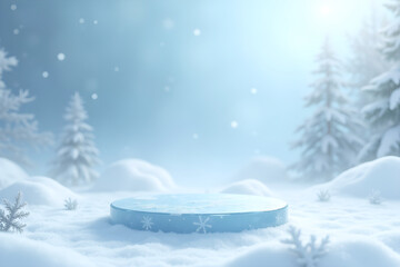 serene minimalist winter wonderland with gleaming ice podium on snowy stage