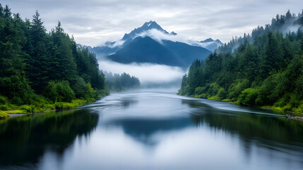 Serene Mountain Lake Landscape with Fog and Forest Reflections