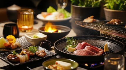 Elegant dining setup showcasing grilled meats and vibrant dishes in a warm ambiance.