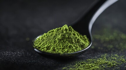 A close-up of matcha powder in a glossy black spoon, isolated on a dark background, luxury aesthetic