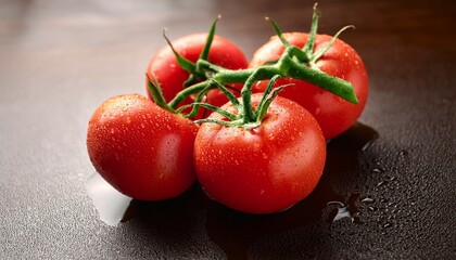 fresh vine ripened tomatoes with sparkling water droplets showcasing their vibrant red color and lush green stems perfect for healthy food concepts