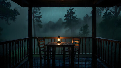 Rainy Night on a Porch: Lantern Lit Table