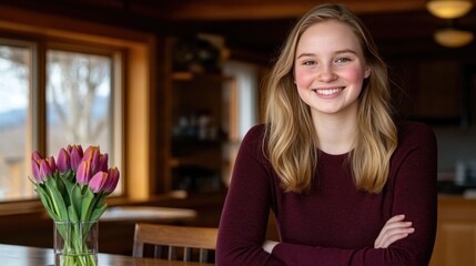 Smiling young woman in maroon sweater stands in a bright kitchen, surrounded by spring flowers and warm sunlight streaming in