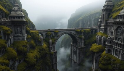 Ancient Stone Bridge Spanning Misty Canyon, Medieval Architecture
