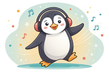 Fototapeta premium Dancing cartoon penguin wearing headphones, joyful and playful, surrounded by musical notes, creating fun atmosphere