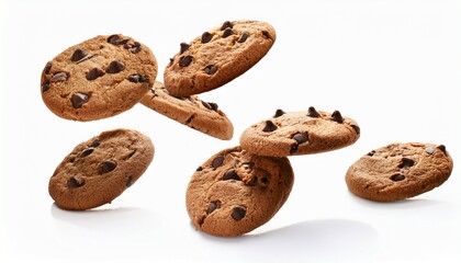 falling chocolate chip cookies isolated on white background