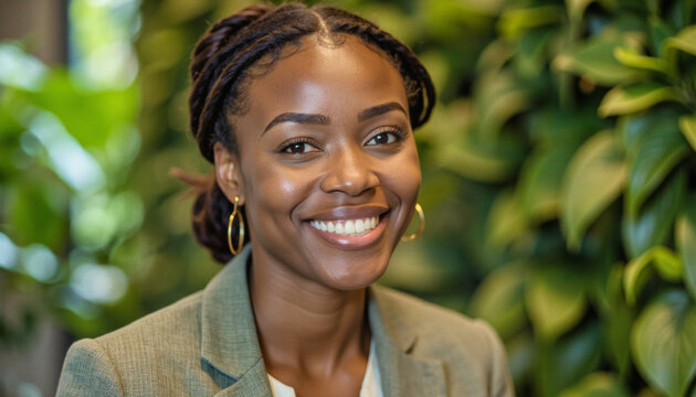 A portrait headshot photo of a friendly professional CEO executive business worker: A smiling Black woman in a professional suit confidently looks forward, framed by a lush green wall.