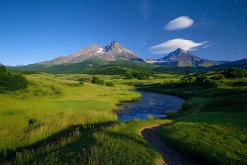 Naklejka premium Mountain River Valley Night