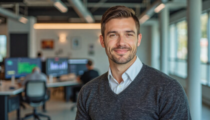 Obraz premium A portrait headshot photo of a friendly professional CEO executive business worker: A young man with short brown hair and a slight beard smiles confidently at the camera while standing in a moder