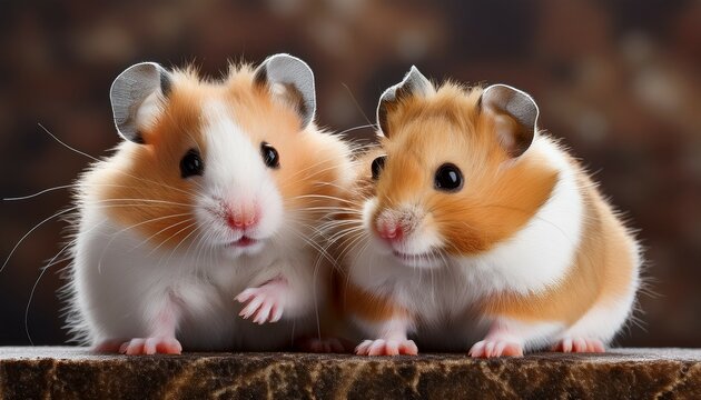 two adorable hamsters sitting playfully on a textured surface showcasing their fluffy fur and curious expressions perfect for pet enthusiasts