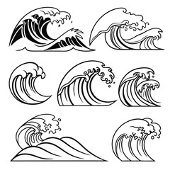 Naklejka premium silhouette black Set of hand drawn sea waves. Vector illustration on white background.
