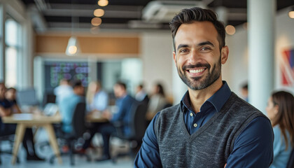 Fototapeta premium A portrait headshot photo of a friendly professional CEO executive business worker: A smiling man with a beard stands confidently in a modern office space, looking directly at the camera.