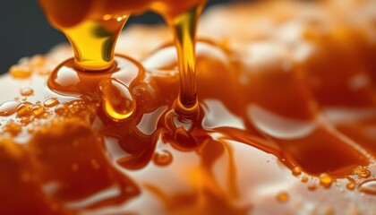 Golden Honey Dripping from Honeycomb Macro Photography