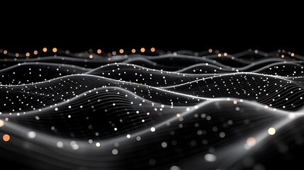 Abstract representation of a futuristic network with glowing lines and a shiny silver mesh surface in a dark digital expanse
