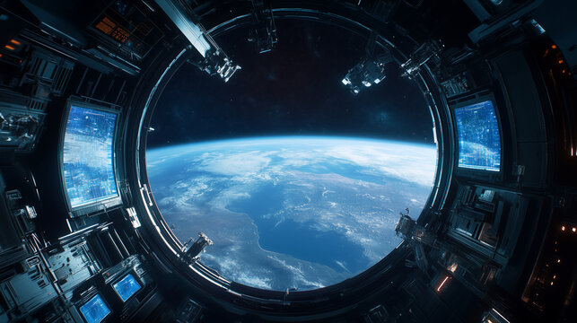 A wide-angle view of a futuristic space station orbiting Earth, with large glass windows, astronauts floating in zero gravity, and breathtaking views of the planet below