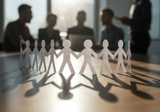 Paper chain figures on table with blurred people in background representing teamwork and unity concept