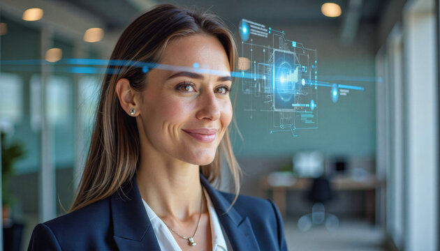 A portrait headshot photo of a friendly professional CEO executive business worker: A professional businesswoman with light-brown hair and a warm smile gazes forward, overlaid with a futuristic h