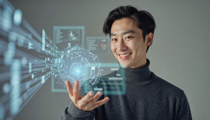 A portrait headshot photo of a friendly professional CEO executive business worker: A smiling young Asian man interacts with a glowing blue digital interface emanating from his outstretched hand,