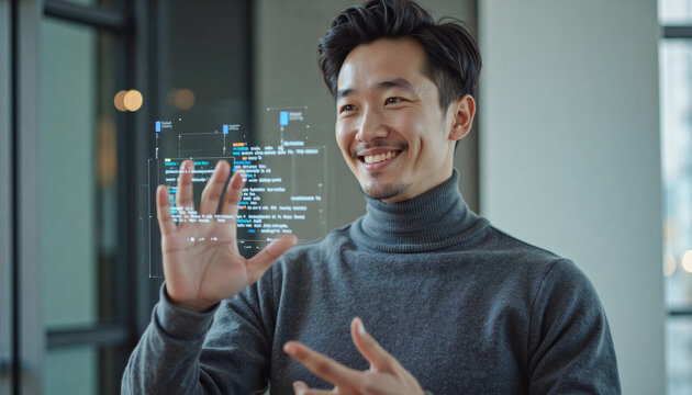 A portrait headshot photo of a friendly professional CEO executive business worker: A smiling Asian man in a turtleneck sweater interacts with a holographic display of code, suggesting his role a