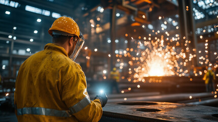 Fototapeta premium A focused shot of a safety officer using a flashlight to inspect the steel beams, with molten metal lighting up the space in the background, and workers in reflective heat suits mo