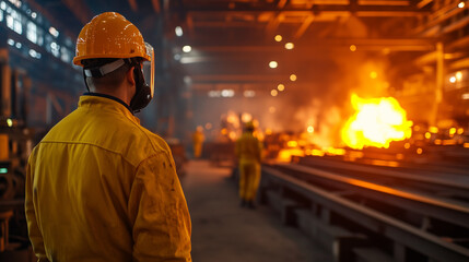 The safety officer stands near the steel beams, glowing molten metal in the background, as workers in protective heat suits move materials with precision in the intense heat of the
