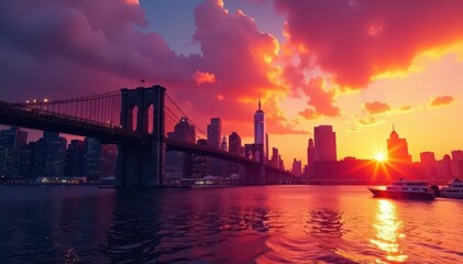 Obraz premium Vibrant sunrise paints NYC buildings with warm hues , vibrant colors, new jersey