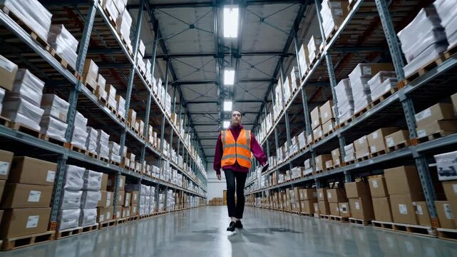 Warehouse worker wearing a safety vest walks through aisles filled with goods and merchandise, captured in a slow motion sequence that highlights the scale of the storage facility