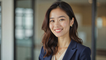 A portrait headshot photo of a friendly professional CEO executive business worker: A smiling East Asian businesswoman with long, wavy dark hair confidently poses in a navy blue suit, conveying p