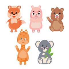 Collection of cute forest vector animals. Fox, llama, giraffe, koala and bear on a white background.Vector illustration