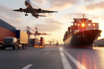 Fototapeta premium Global transport airplane ship trucks