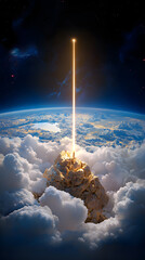 Fototapeta premium Majestic Mountain Peak Surrounded by Clouds with Dramatic Light Beam Piercing Through the Atmosphere