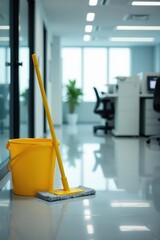 Gleaming floor, mop, bucket; pristine office setting , spotless, clean