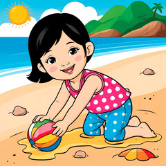 drawing of a child playing on the beach on a sunny day, made with Generative AI