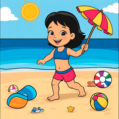 drawing of a child playing on the beach on a sunny day, made with Generative AI