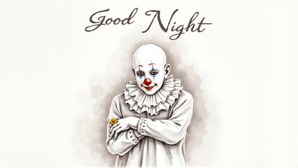 Stylized Digital Portrait of Melancholic Clown with Traditional Makeup Against Light Background