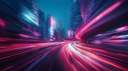 Fototapeta premium Glowing Cityscape with Neon Digital Highways and Floating Data Streams