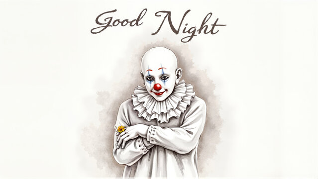 Stylized Digital Portrait of Melancholic Clown with Traditional Makeup Against Light Background