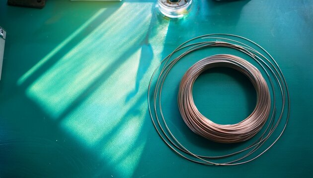 sunlit workshop a coil of wire on a teal table