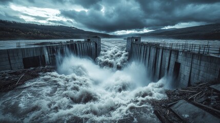 Powerful Water Surge Through a Cracked Dam