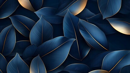 Fototapeta premium Elegant Tropical Leaf Pattern in Dark Blue and Gold Tones for Premium Design