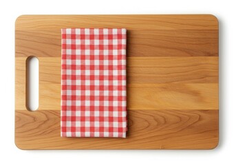 A wooden cutting board with a red and white checkered napkin placed on the right side of the board