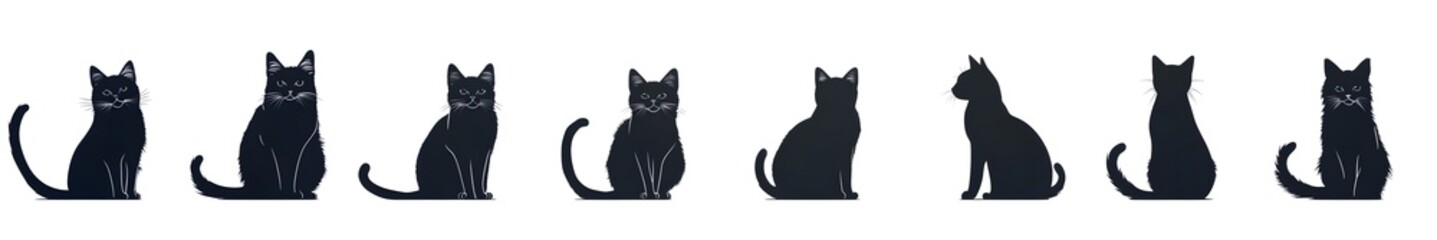 Obraz premium Silhouette Symphony: Seven elegant black cat silhouettes stand out. Perfectly embodying their distinct poses and captivating charm. 