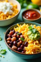 Colorful bowls of rice, beans, salsa, guacamole, and shredded cheese , flatlay, healthy, vibrant