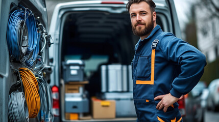 Electrician parked at an industrial job site, standing next to his open van packed with heavy-duty electrical equipment, metal toolboxes, and rolls of wiring, ready for commercial