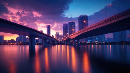 Obraz premium Beautiful bridge with illuminated skyline at dusk with smooth water surface