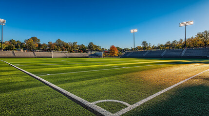 Obraz premium A view of a green soccer field with stadium seating and bright lights under a clear blue sky day