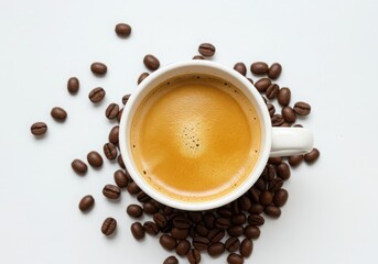 Fototapeta premium Overhead view of coffee cup surrounded by coffee beans on a white surface creating a simple design