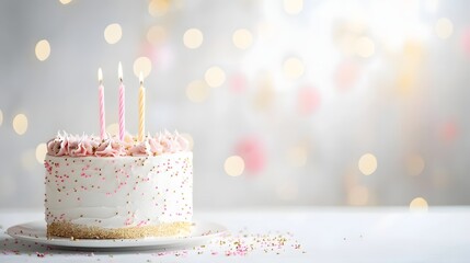 Minimalistic Birthday Cake with Soft Pink and Gold Fairy Lights and Clean White Background