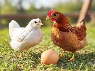 Fototapeta premium Chickens and Egg in Grass